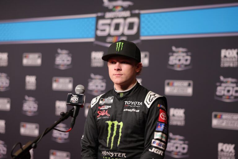 NASCAR Cup Series driver Ty Gibbs (54) speaks to the media during the Daytona 500 Media Day at Daytona International Speedway.