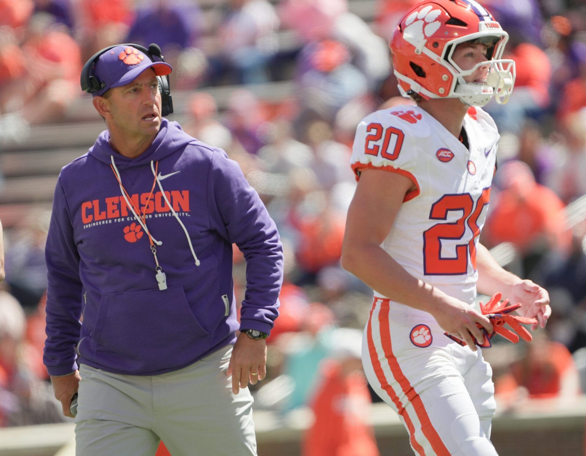 Clemson head coach Dabo Swinney and receiver Clark Sanderson (20) during the first half at the annnual Clemson Orange and White spring game at Memorial Stadium in Clemson, South Carolina Saturday, March 28, 2026.