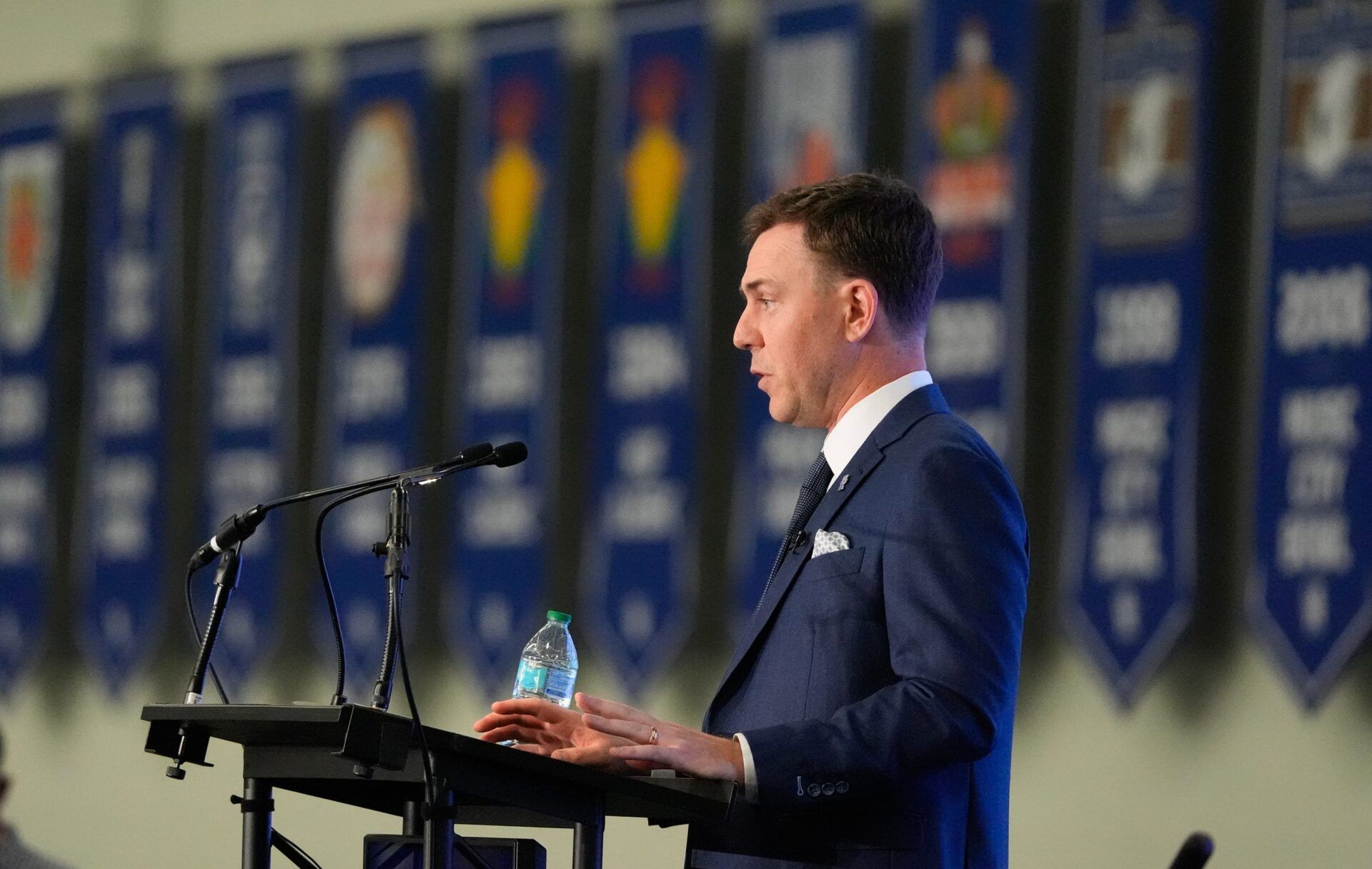 New Kentucky Wildcat head coach Will Stein makes remarks as he is introduced at Kentucky on Wednesday, December 3, 2025