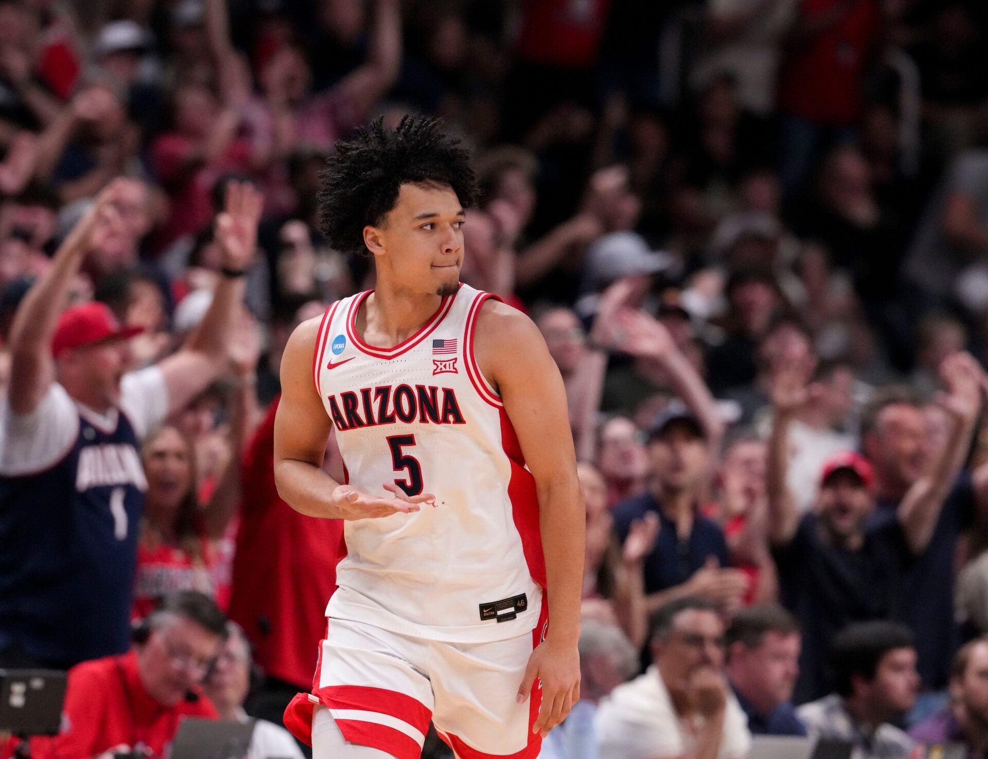 Arizona Wildcats guard Brayden Burries (5) reacts after scoring a three-point field goal against the Purdue Boilermakers during a NCAA Tournament game Saturday, March 28, 2026 at SAP Center in San Jose, Calif. Purdue fell to Arizona 79-64.