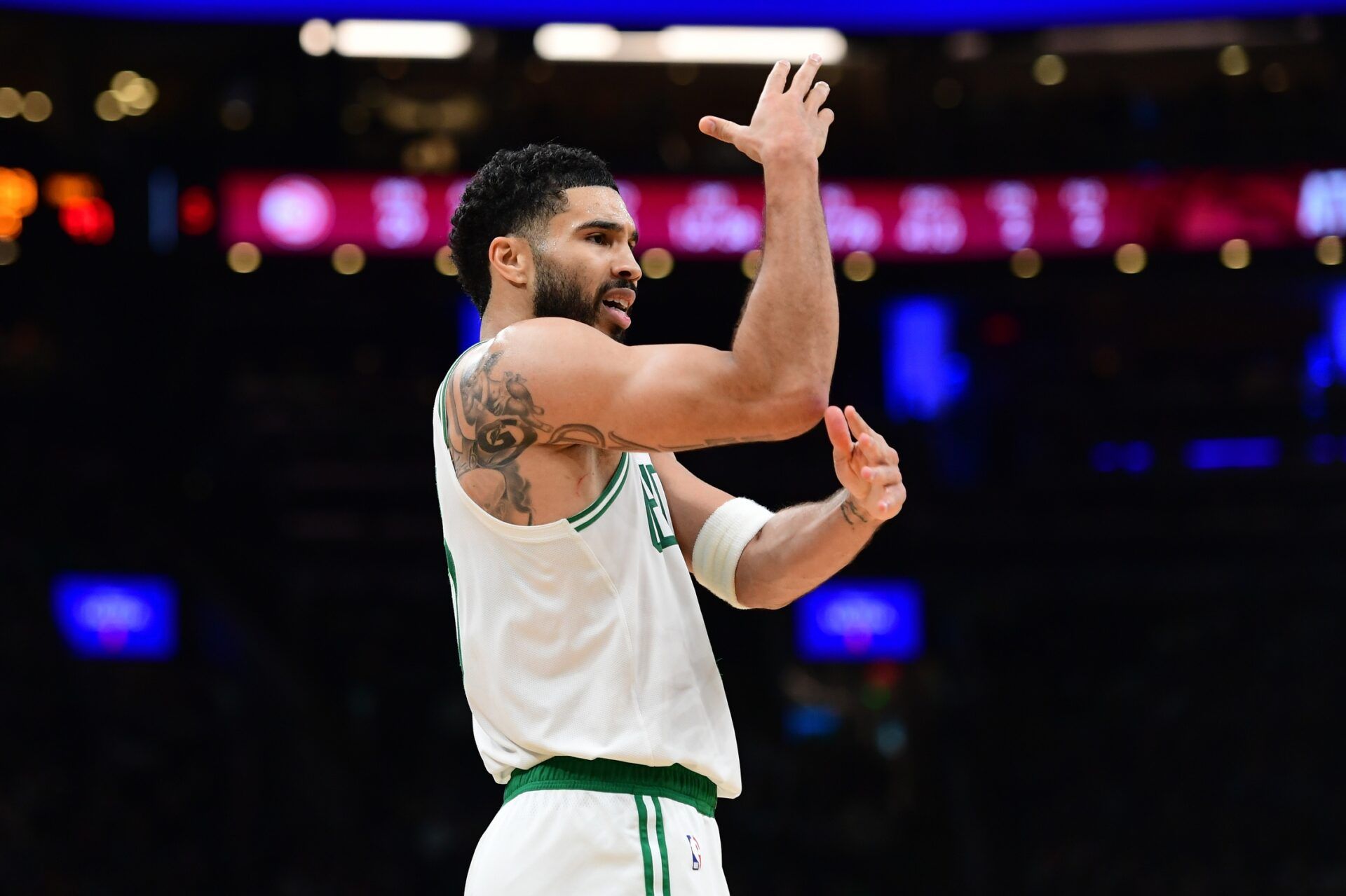 Boston Celtics forward Jayson Tatum (0) reacts after a play during the second half against the Atlanta Hawks at TD Garden.