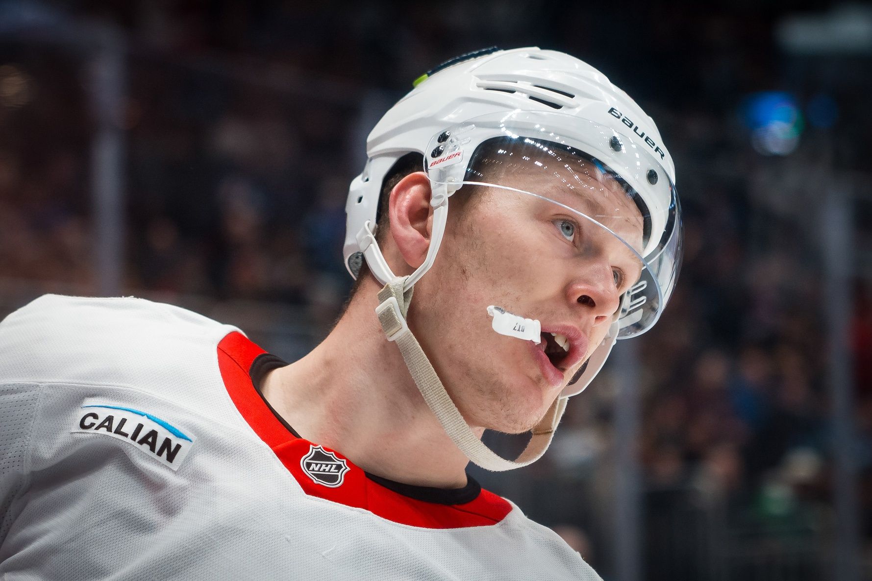 Ottawa Senators forward Brady Tkachuk (7) celebrates his goal against the Vancouver Canucks in the third period at Rogers Arena.