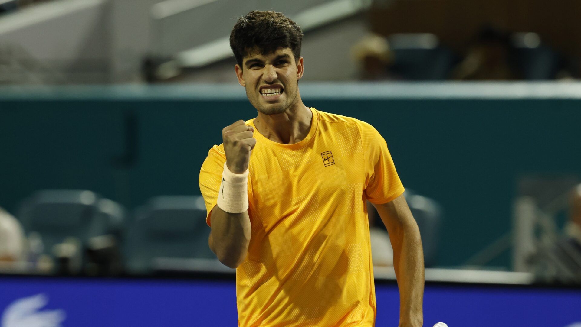 Carlos Alcaraz (ESP) reacts after winning a point against Joo Fonseca (BRA) (not pictured) on day four of the 2026 Miami Open at Hard Rock Stadium.