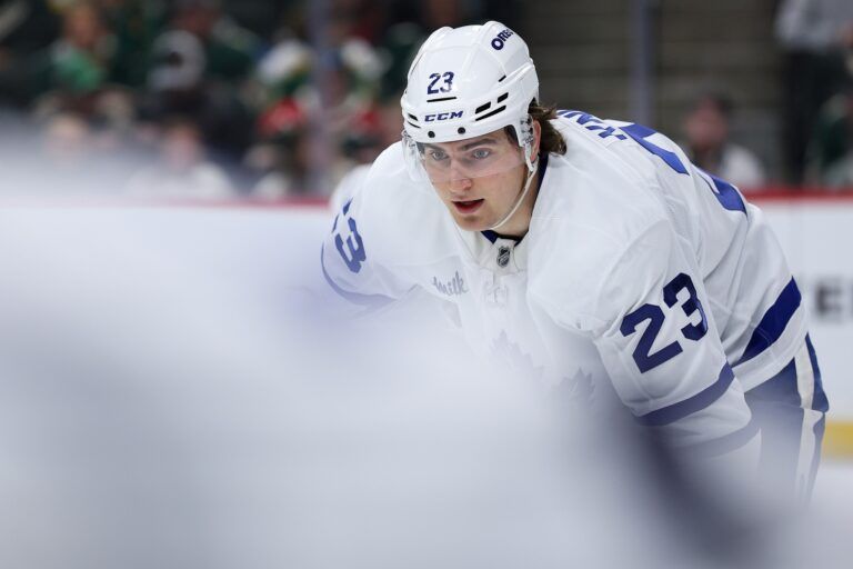 Toronto Maple Leafs left wing Matthew Knies (23) prepares for a face-off against the Minnesota Wild during the second period at Grand Casino Arena.