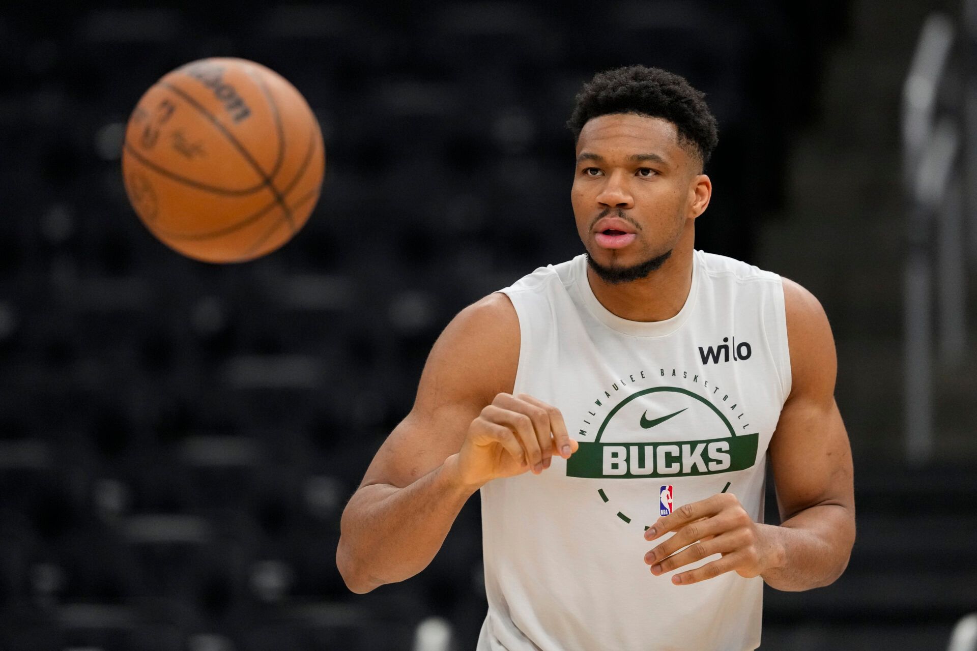 Milwaukee Bucks forward Giannis Antetokounmpo (34) warms up prior to the game against the San Antonio Spurs at Fiserv Forum.