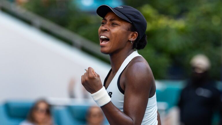 Coco Gauff of the United States celebrates during her match against Aryna Sabalenka of Belarus in the final of the women’s singles at the Hard Rock Stadium.