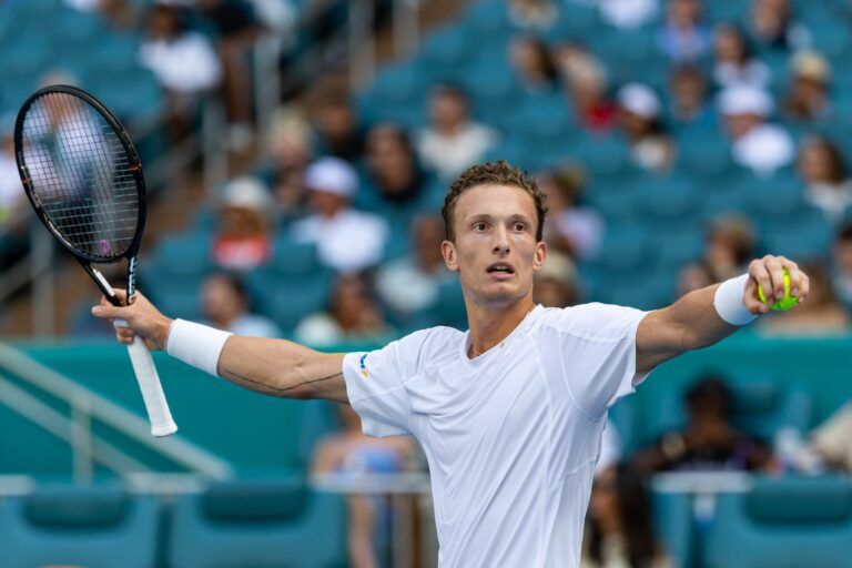 Jiri Lehecka of the Czech Republic celebrates his victory over Arthur Fils of France in the semi-finals of the men’s singles at the Miami Open at the Hard Rock Stadium.
