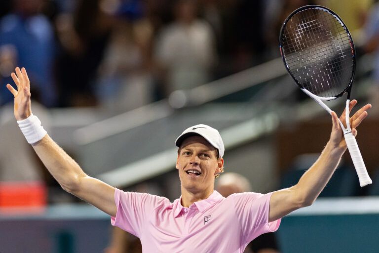 Jannik Sinner of Italy celebrates his victory over Alexander Zverev of Germany in the semi-finals of the men’s singles at the Miami Open at the Hard Rock Stadium.