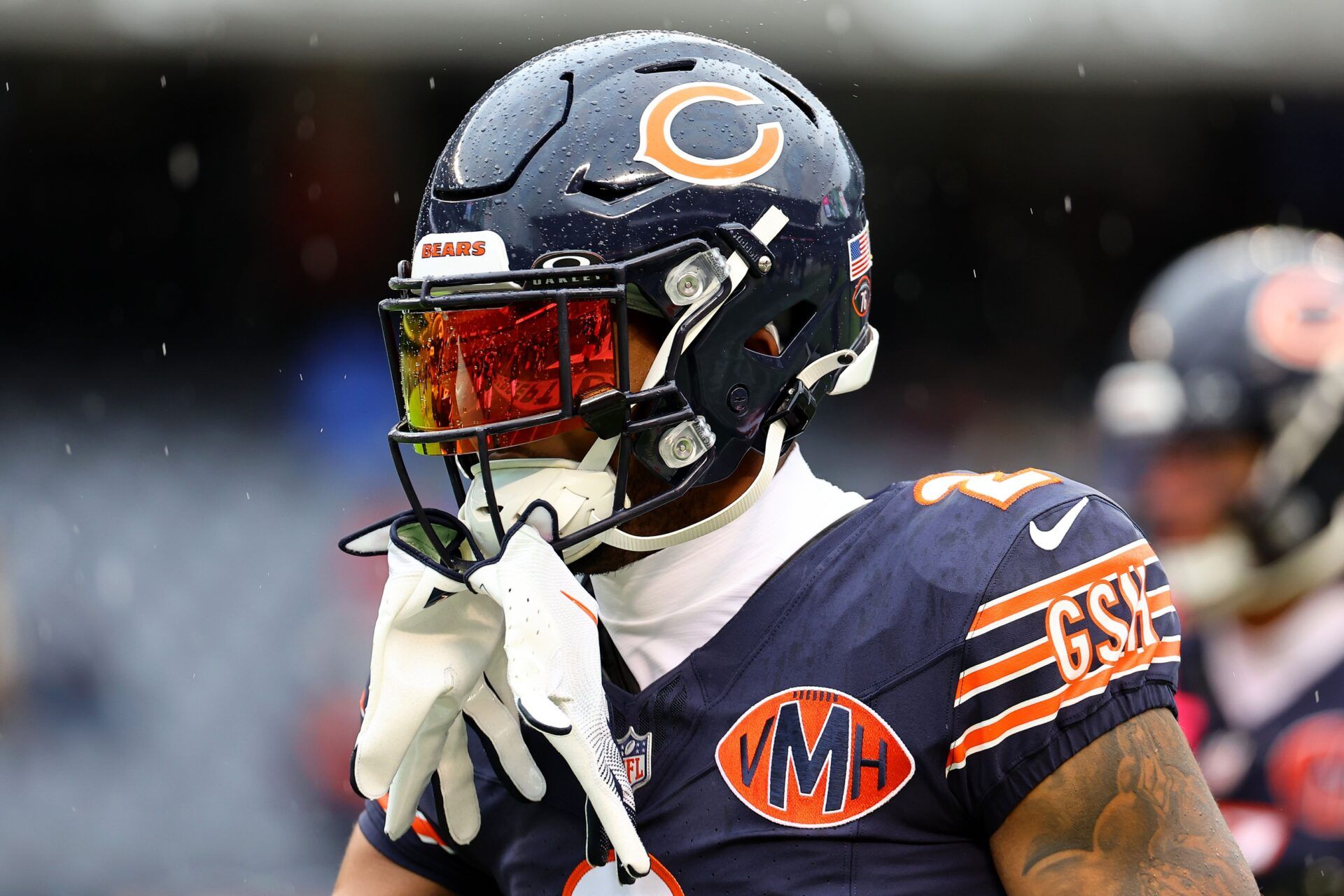 Chicago Bears wide receiver DJ Moore (2) practices against the New Orleans Saints before the game at Soldier Field.