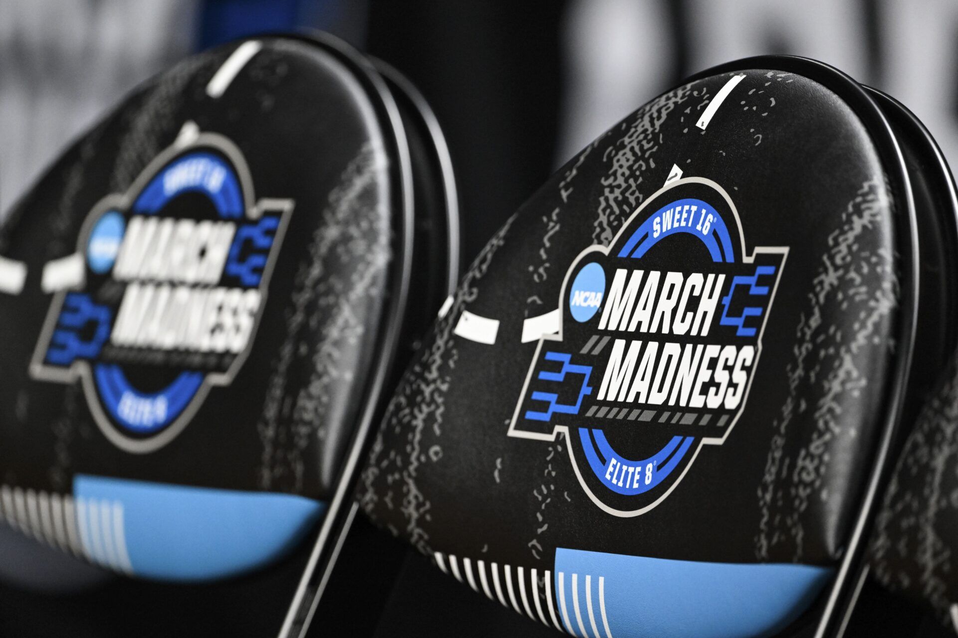 The March Madness logo is seen on chairs during a Texas Longhorns practice session ahead of the west regional of the men's 2026 NCAA Tournament at SAP Center.