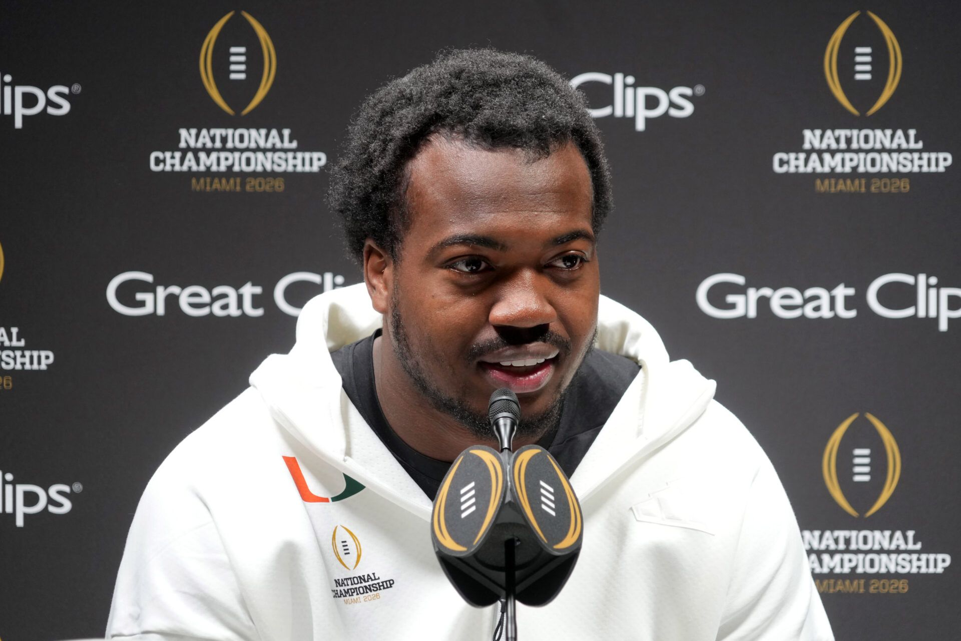 Miami Hurricanes defensive lineman Rueben Bain Jr. during media day for the 2025 College Football Playoff National Championship at Miami Beach Convention Center.