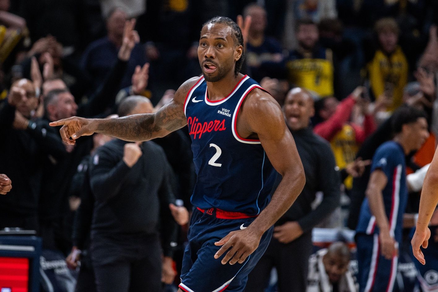 LA Clippers forward Kawhi Leonard (2) celebrates the game winning shot in the second half against the Indiana Pacers at Gainbridge Fieldhouse.