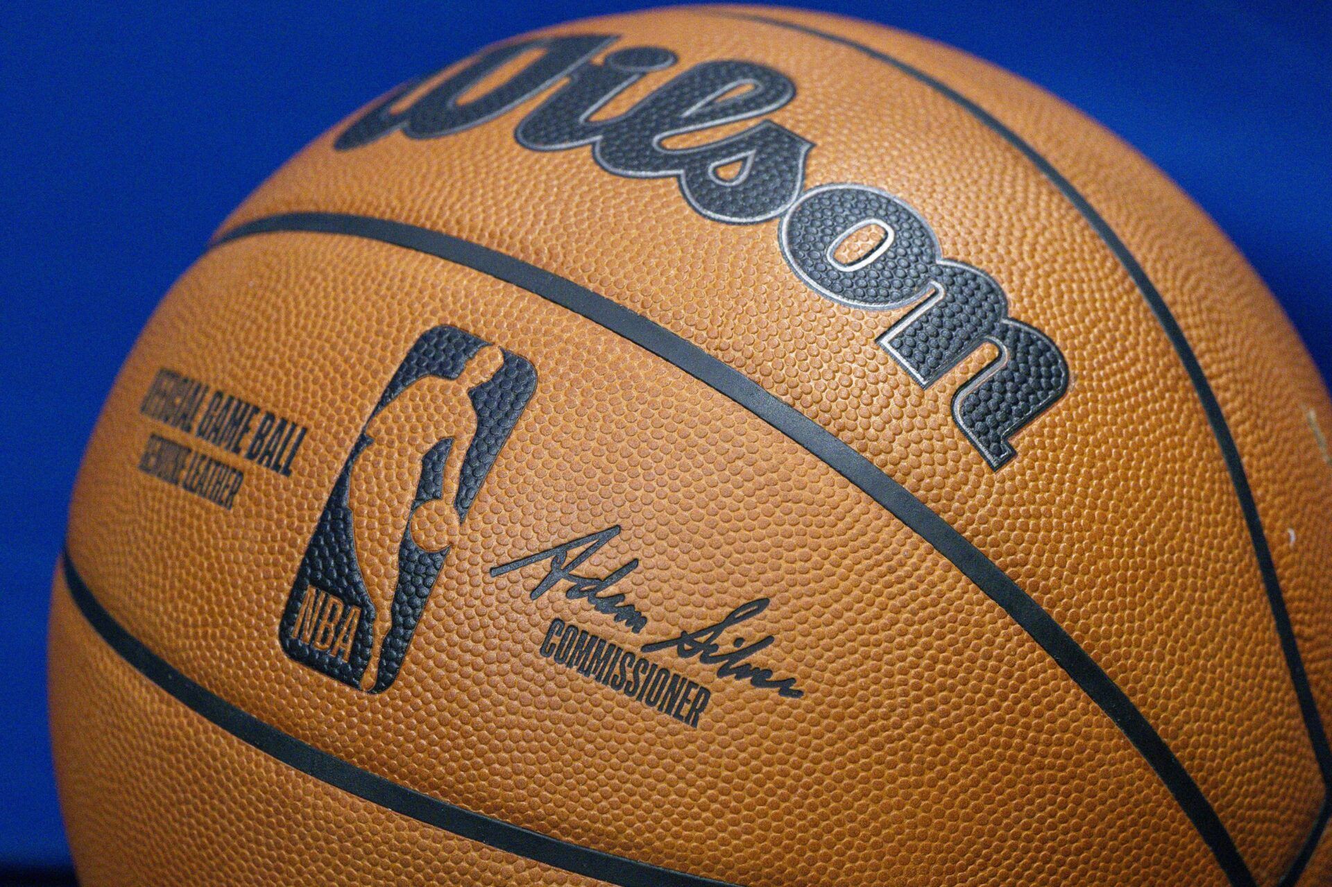 A view a Wilson NBA basketball and logo during the game between the Mavericks and the Spurs at the American Airlines Center.