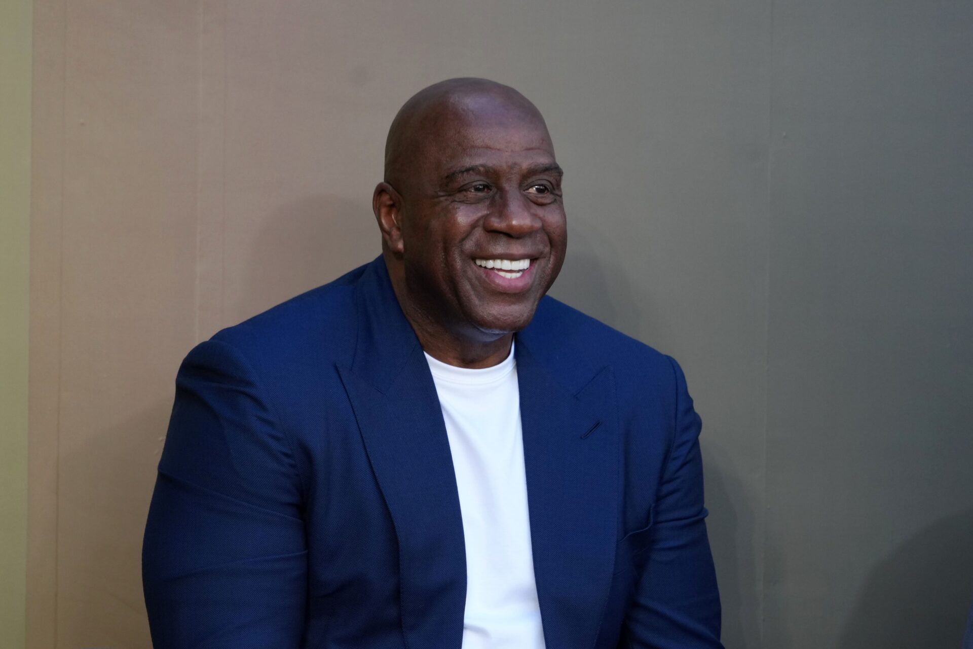 Magic Johnson at unveiling of statue of former Los Angeles Lakers coach Pat Riley at the Crypto.com Arena.