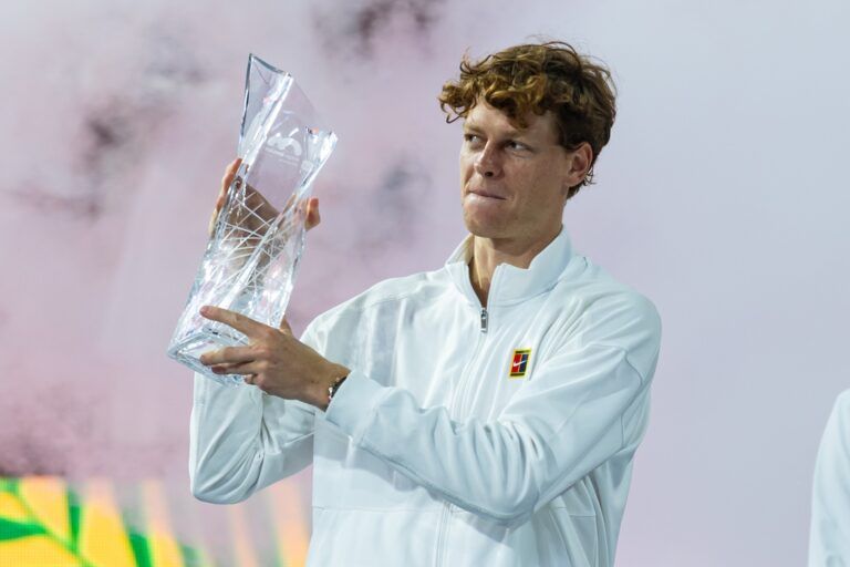 Jannik Sinner of Italy poses with the Butch Buchholz Championship Trophy after defeating Jiri Lehecka of the Czech Republic in the final of the men’s singles at the Miami Open at the Hard Rock Stadium.