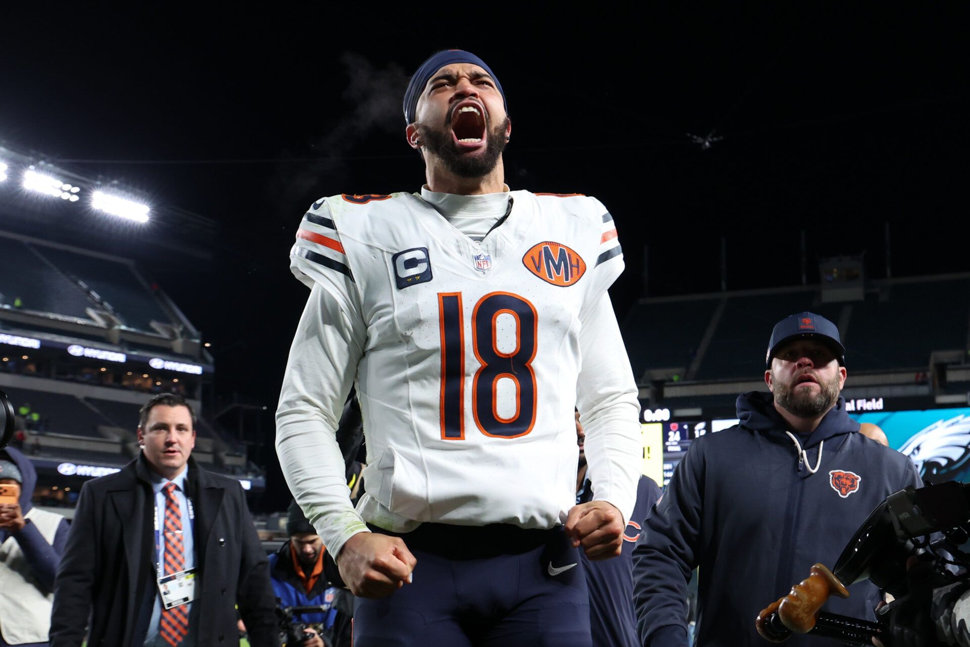 Chicago Bears quarterback Caleb Williams (18) celebrates after the game against the Philadelphia Eagles at Lincoln Financial Field.