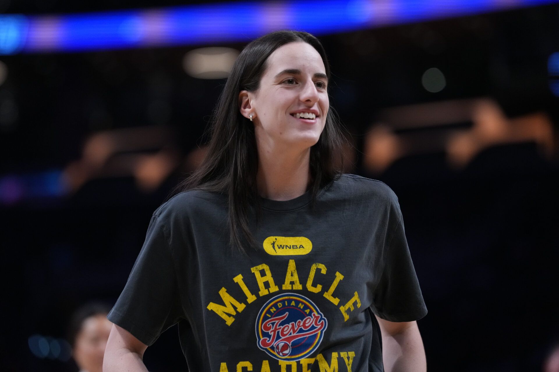 Indiana Fever guard Caitlin Clark (22) smiles during pregame warmups against the LA Sparks at Crypto.com Arena.