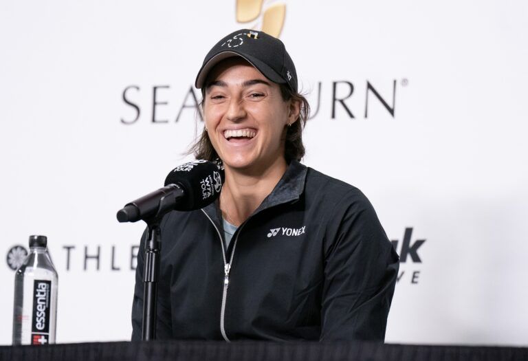 Caroline Garcia (FRA) in her press conference after winning her semi final match against Maria Sakkari (GRE) on day seven of the WTA Finals at Dickies Arena.