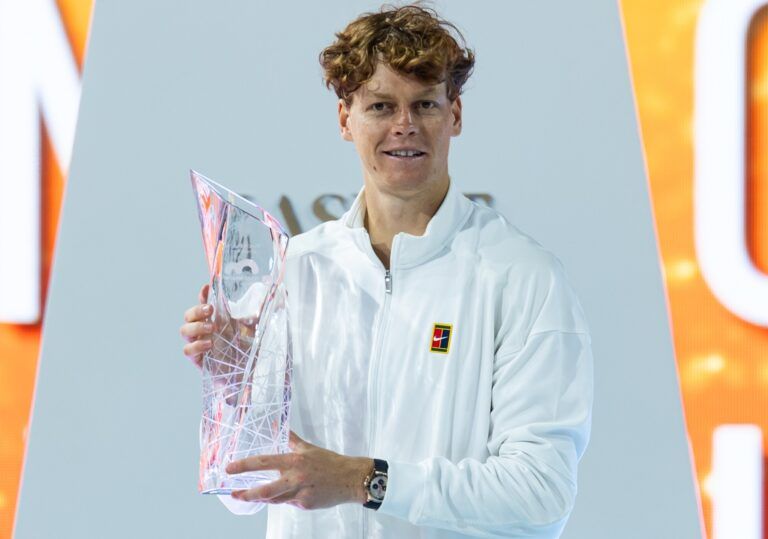 Jannik Sinner of Italy poses with the Butch Buchholz Championship Trophy after defeating Jiri Lehecka of the Czech Republic in the final of the men’s singles at the Miami Open at the Hard Rock Stadium.