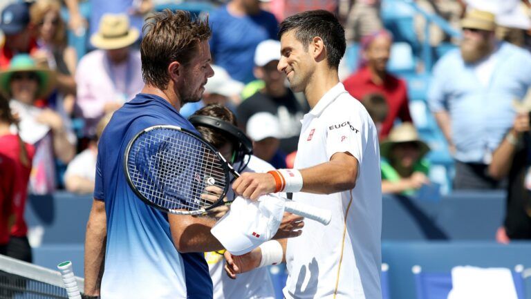 The Enquirer/Cara Owsley
Novak Djokovic, right, greets Stan Wawrinka after beating Wawrinka 6-4, 6-1 in the Western & Southern Open Friday.
Novak Djokovic, right, greets Stan Wawrinka after beating Wawrinka 6-4,6-1 during Western and Southern Open at the Lindner Family Tennis Center in Mason Friday August 19, 2015. Djokovic advances to the semi-finals.