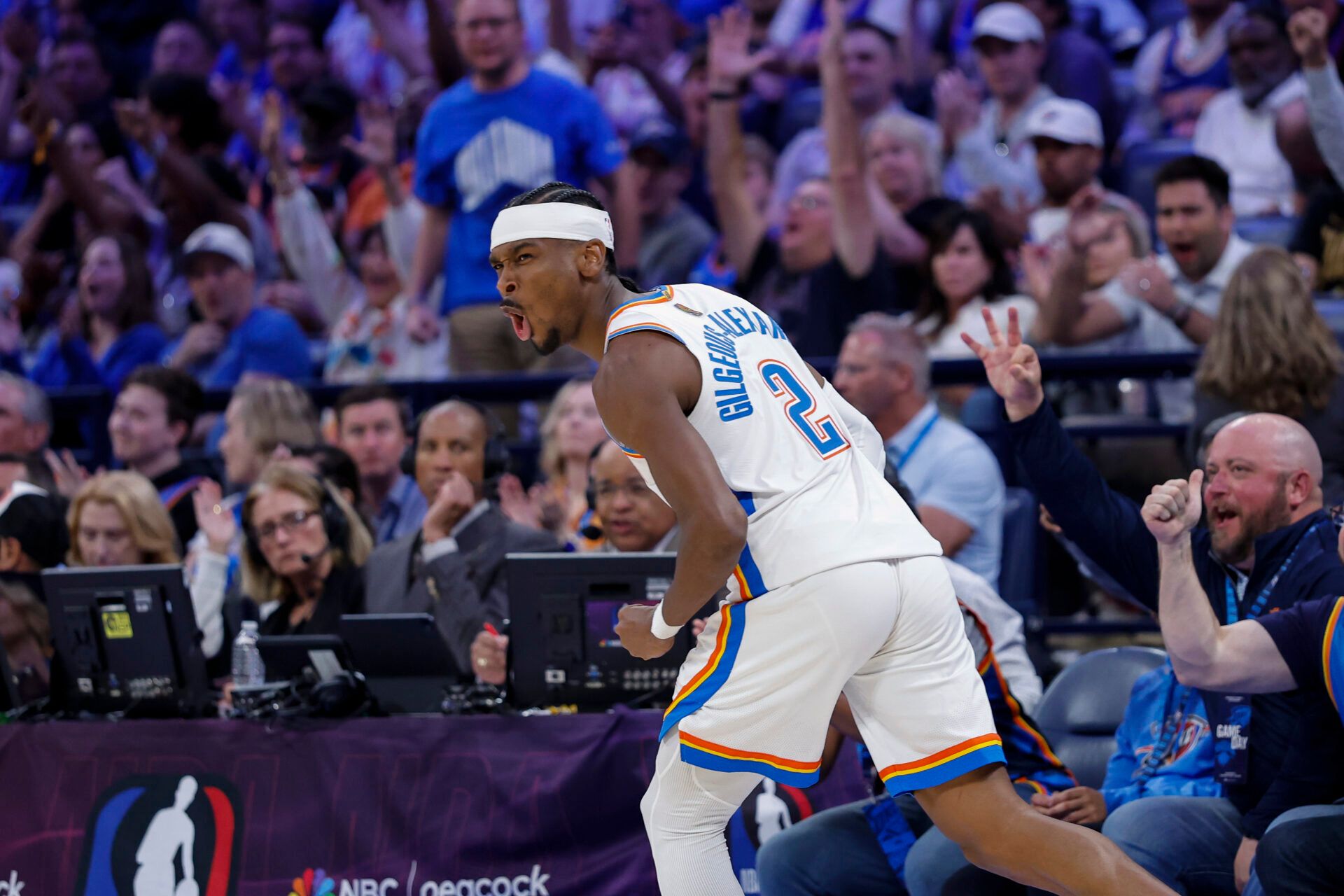 Oklahoma City Thunder guard Shai Gilgeous-Alexander (2) celebrates after scoring against the New York Knicks during the second half at Paycom Center.