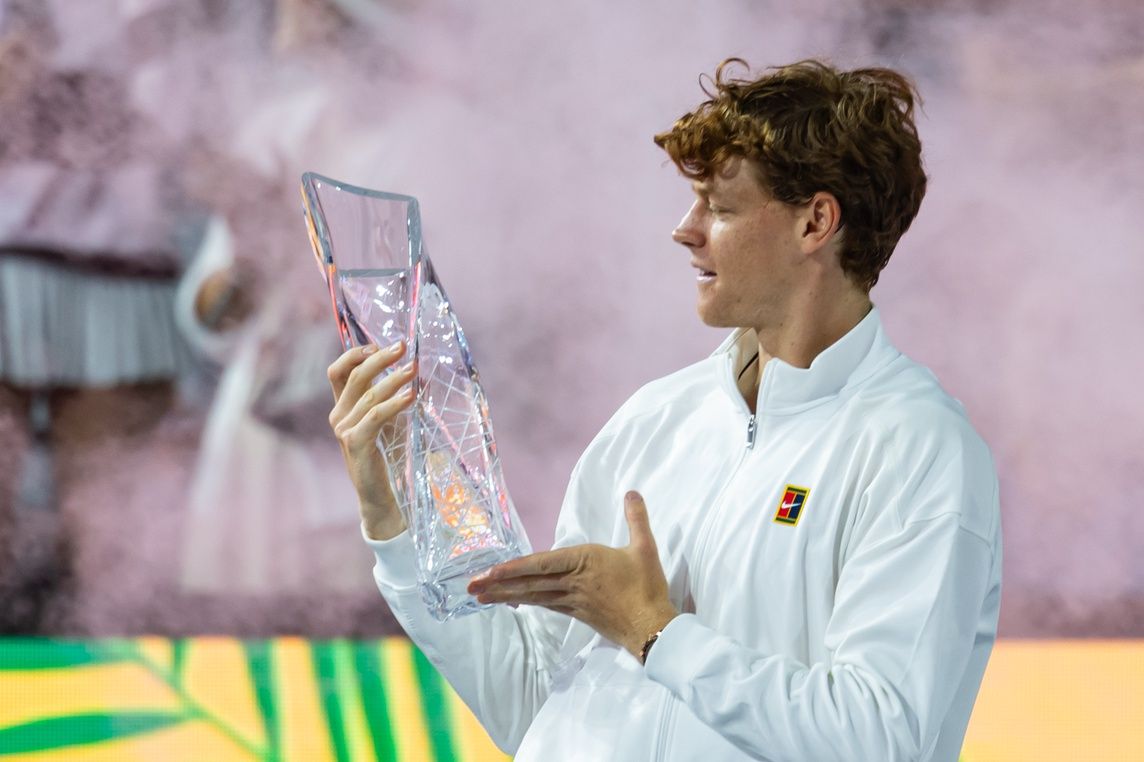 Jannik Sinner of Italy poses with the Butch Buchholz Championship Trophy after defeating Jiri Lehecka of the Czech Republic in the final of the men’s singles at the Miami Open at the Hard Rock Stadium.