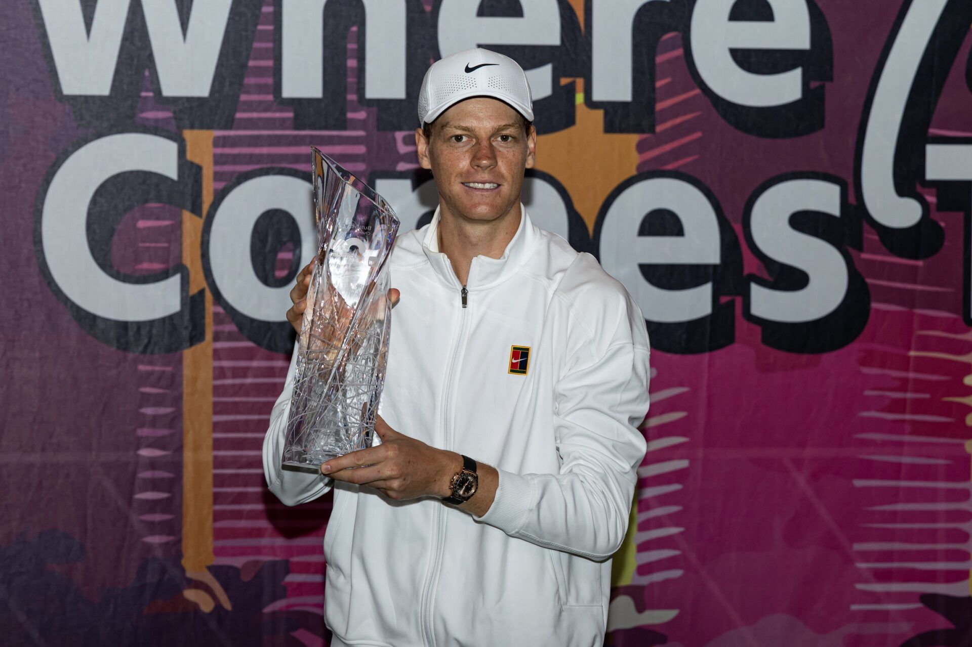 Jannik Sinner of Italy poses with the Butch Buchholz Championship Trophy after defeating Jiri Lehecka of the Czech Republic in the final of the men’s singles at the Miami Open at the Hard Rock Stadium.