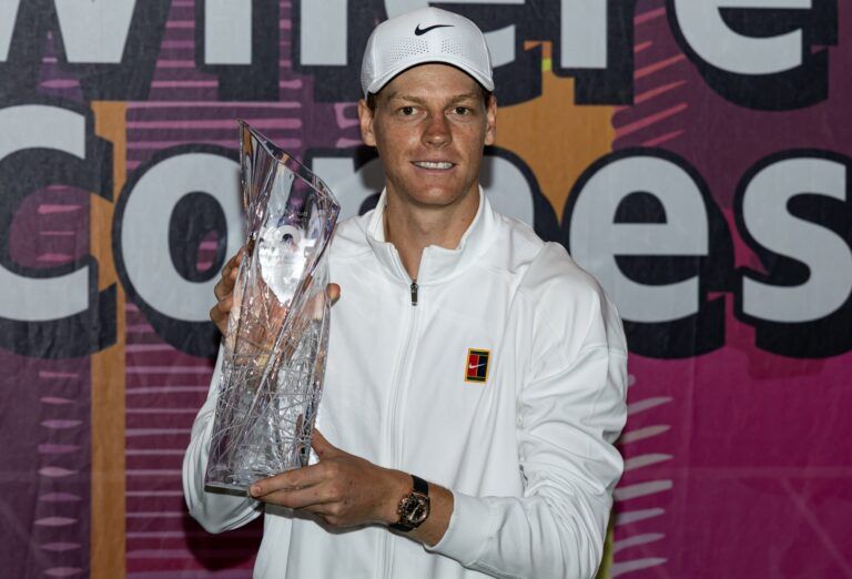 Jannik Sinner of Italy poses with the Butch Buchholz Championship Trophy after defeating Jiri Lehecka of the Czech Republic in the final of the men’s singles at the Miami Open at the Hard Rock Stadium.