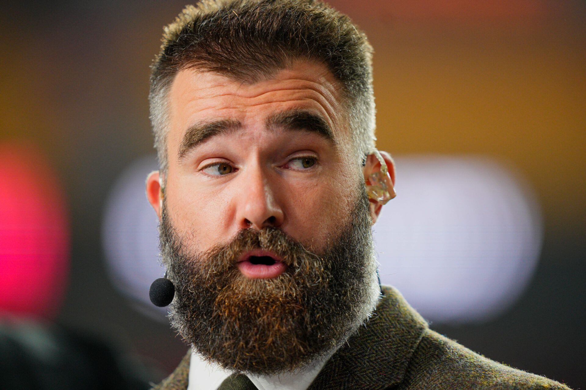 Monday Night Countdown analyst Jason Kelce looks on from set prior to the game between the Kansas City Chiefs and the Washington Commanders at GEHA Field at Arrowhead Stadium.