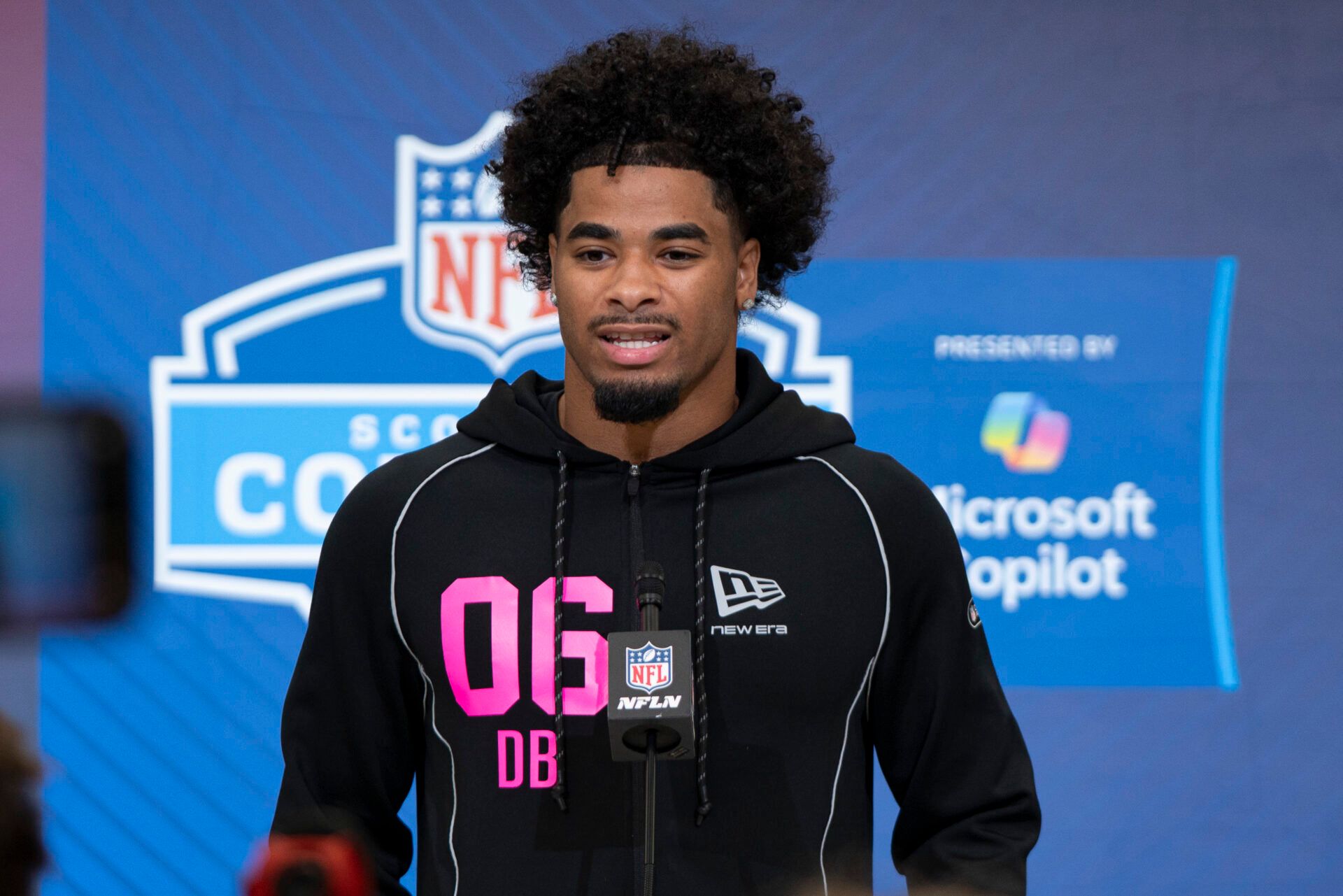 LSU defensive back Mansoor Delane (DB06) speaks to media members during the NFL Combine at the Indiana Convention Center.