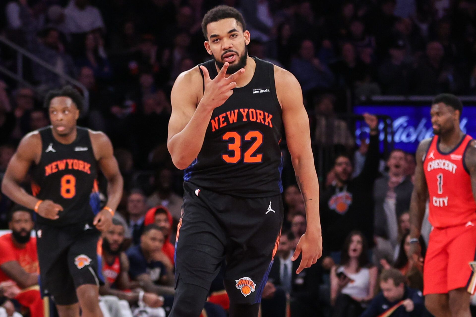 New York Knicks center Karl-Anthony Towns (32) gestures after scoring in the third quarter against the New Orleans Pelicans at Madison Square Garden.