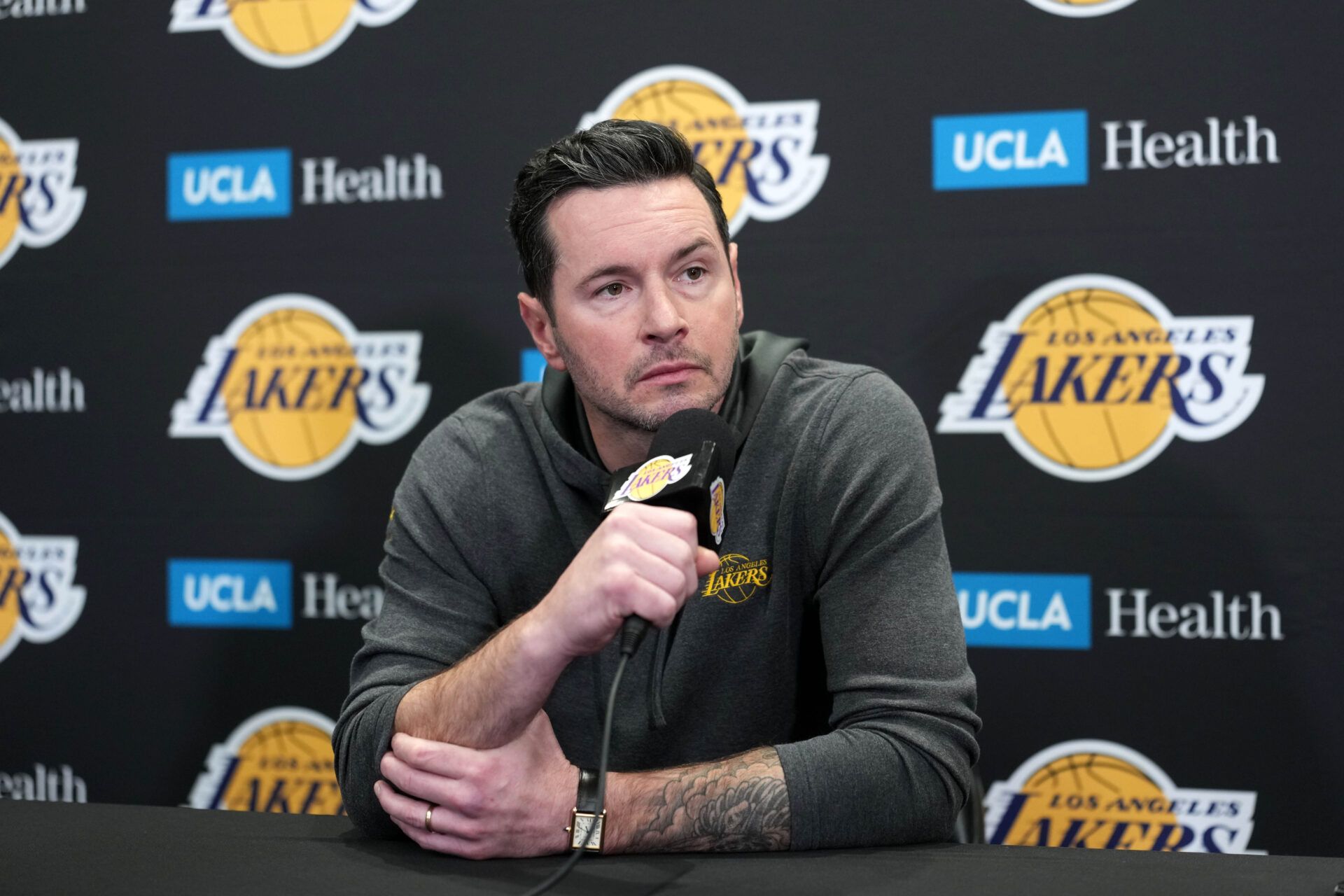 Los Angeles Lakers head coach JJ Redick at a press conference at the Crypto.com Arena.