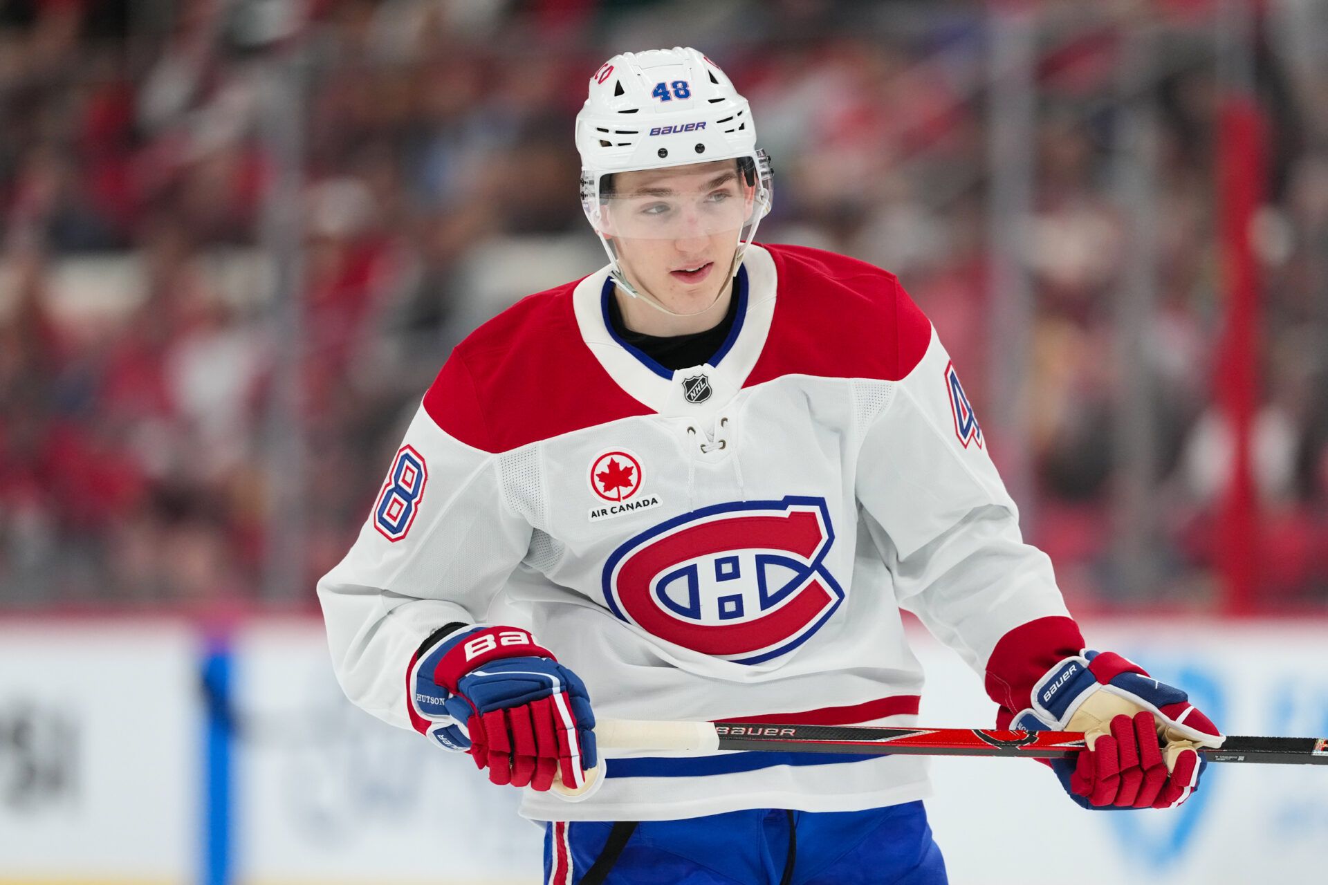 Montreal Canadiens defenseman Lane Hutson (48) at Lenovo Center.
