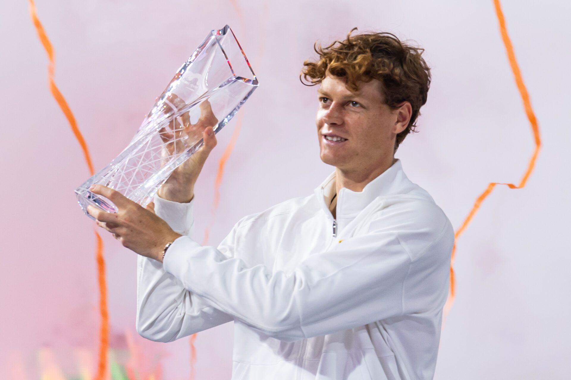 Jannik Sinner of Italy poses with the Butch Buchholz Championship Trophy after defeating Jiri Lehecka of the Czech Republic in the final of the men’s singles at the Miami Open at the Hard Rock Stadium.