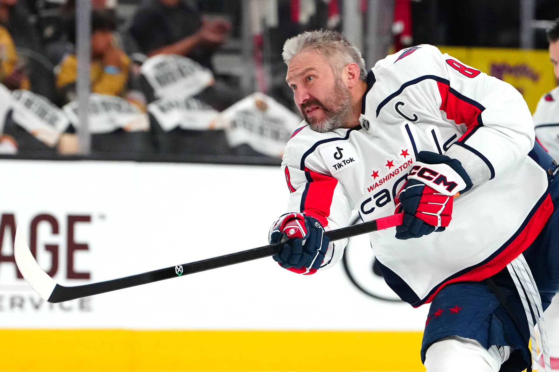 Washington Capitals left wing Alex Ovechkin (8) warms up before a game against the Vegas Golden Knights at T-Mobile Arena.