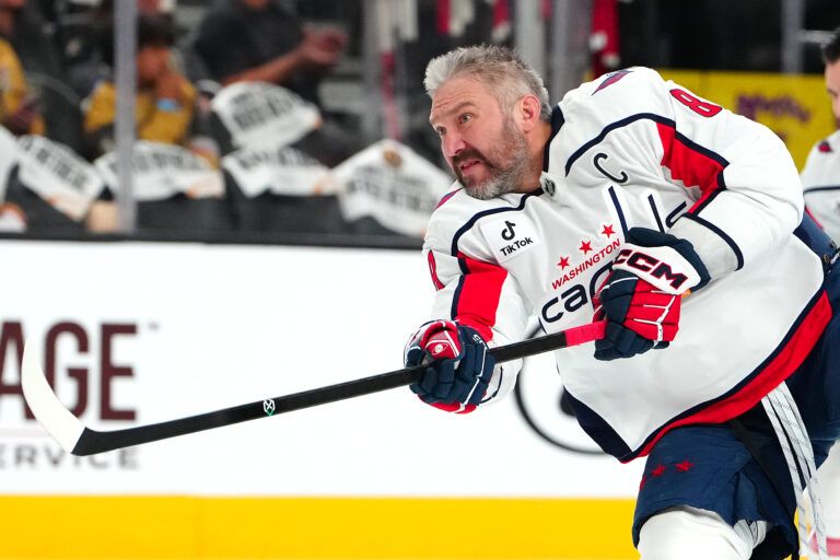 Washington Capitals left wing Alex Ovechkin (8) warms up before a game against the Vegas Golden Knights at T-Mobile Arena.