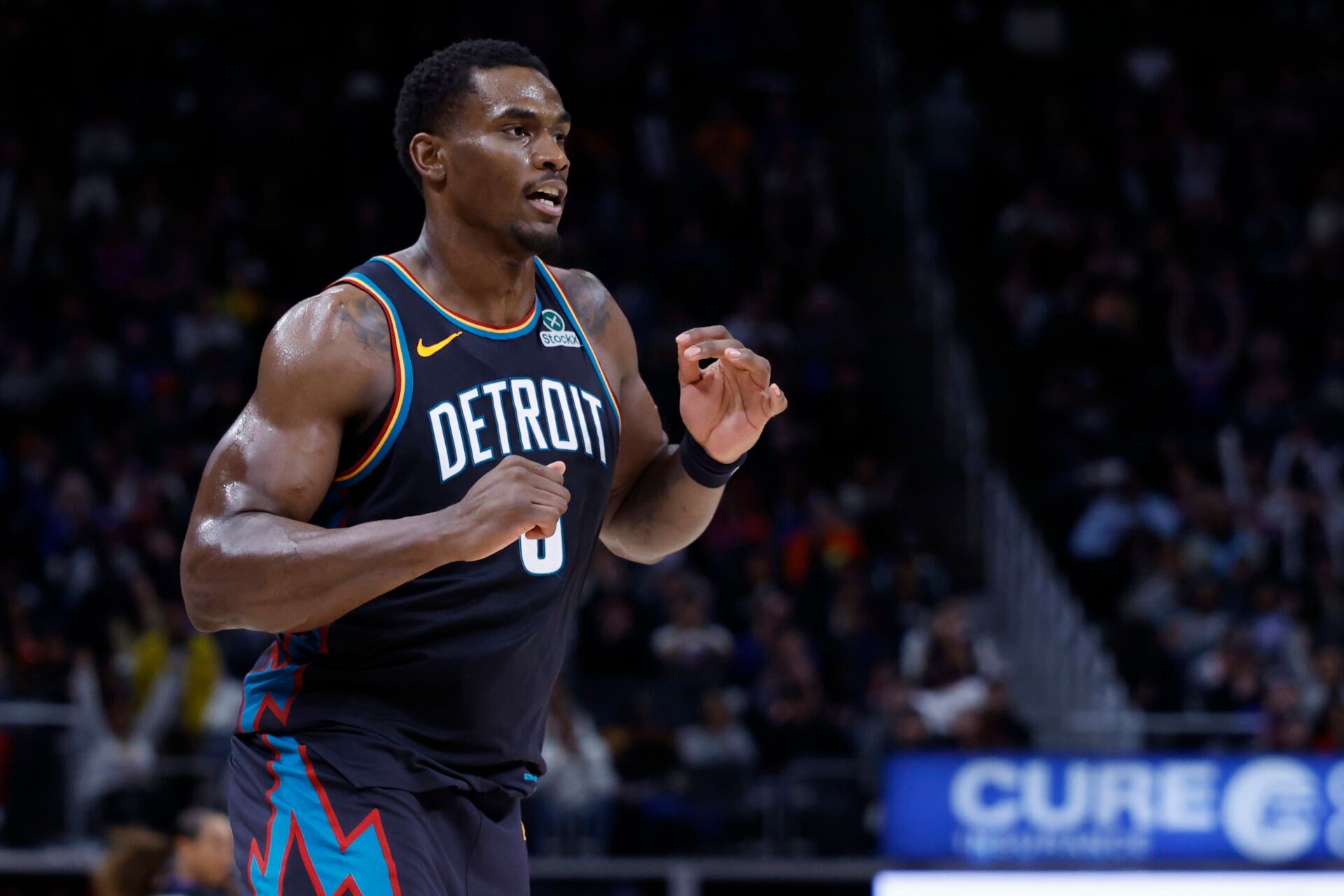 Detroit Pistons center Jalen Duren (0) celebrates in the second half against the New Orleans Pelicans at Little Caesars Arena.