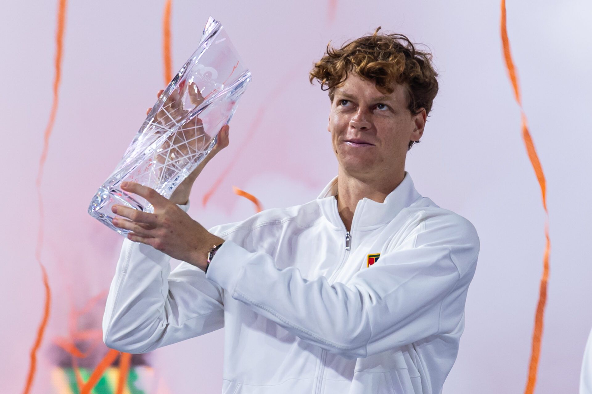 Jannik Sinner of Italy poses with the Butch Buchholz Championship Trophy after defeating Jiri Lehecka of the Czech Republic in the final of the men’s singles at the Miami Open at the Hard Rock Stadium.