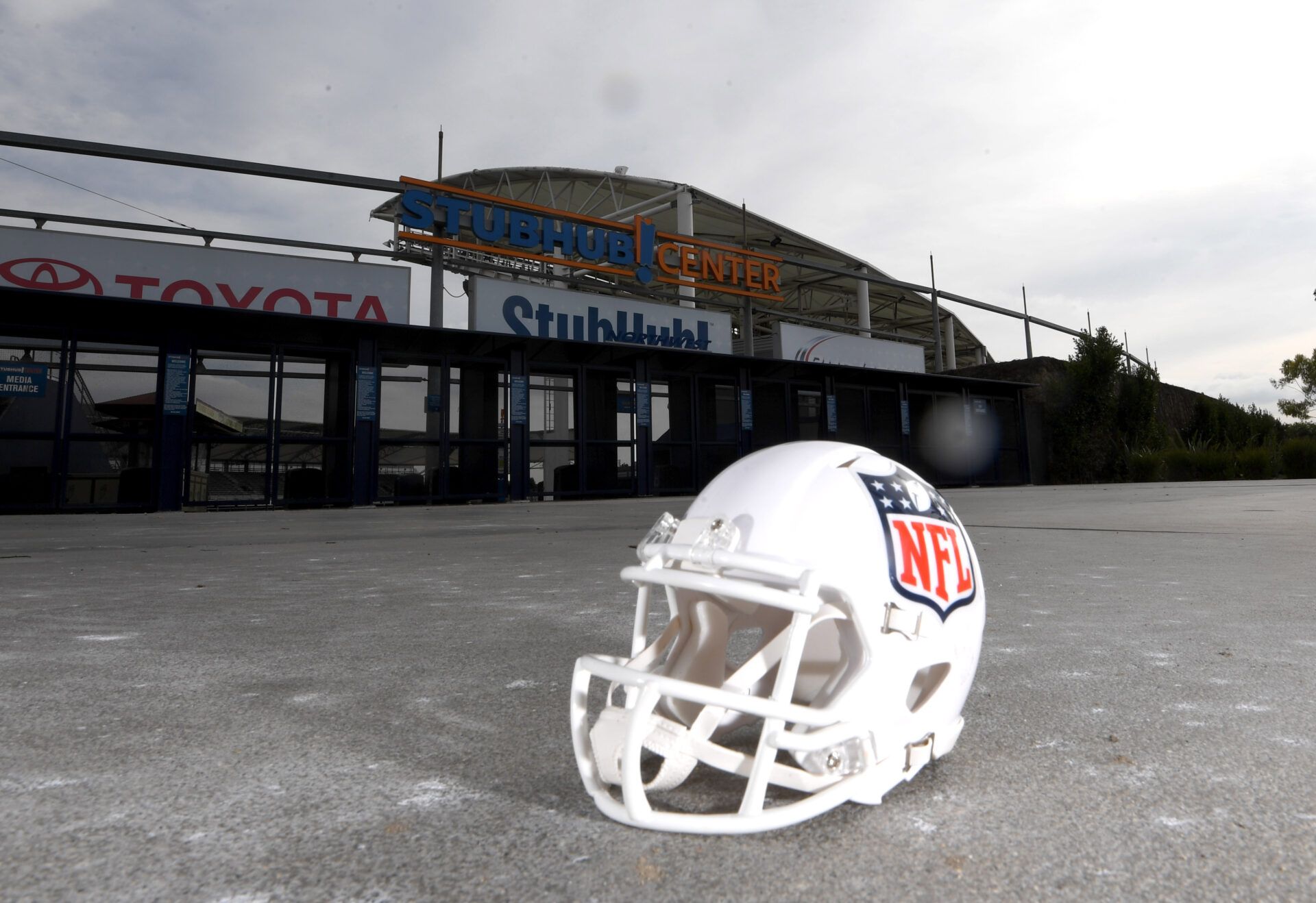 General overall view of NFL Shield logo helmet outside of the StubHub Center. The StubHub center will be the temporary home of the Los Angeles Chargers for the 2017 and 2018 seasons as part of Chargers owner Dean Spanos relocation of the franchise from San Diego.