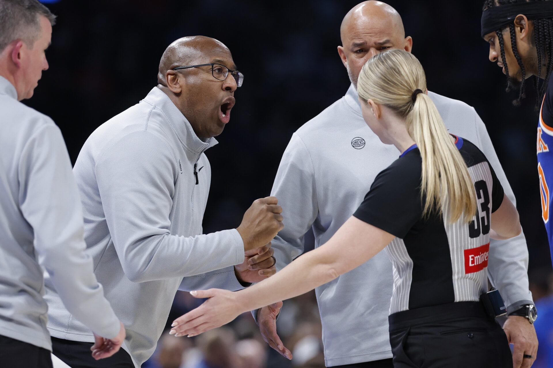 New York Knicks head coach Mike Brown yells at an official after a play against the Oklahoma City Thunder during the second half at Paycom Center.