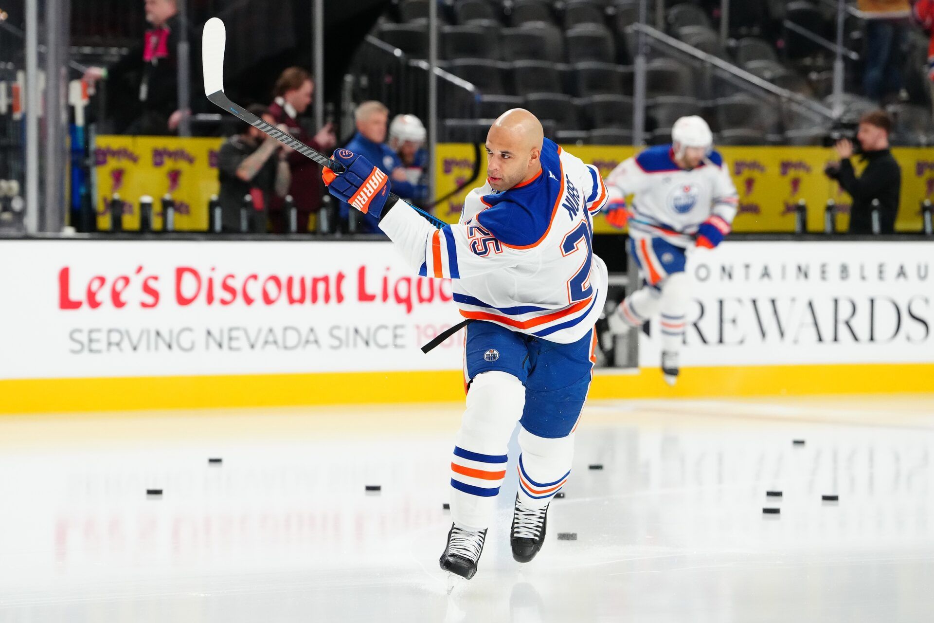 Edmonton Oilers defenseman Darnell Nurse (25) warms up before a game against the Vegas Golden Knights at T-Mobile Arena.
