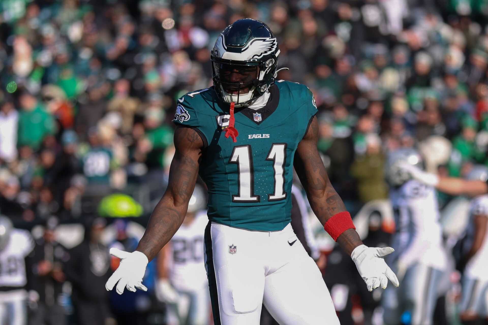 Philadelphia Eagles wide receiver A.J. Brown (11) reacts after an unsuccessful play against the Las Vegas Raiders during the second quarter at Lincoln Financial Field.