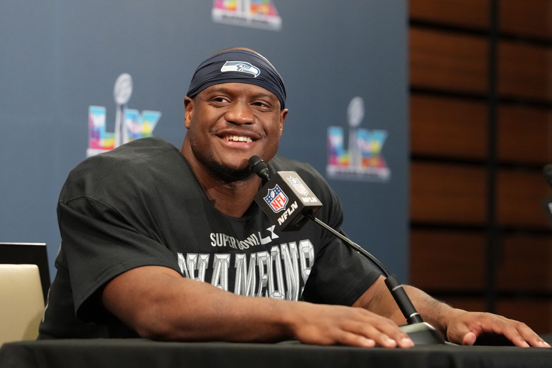 Seattle Seahawks running back Kenneth Walker III (9) speaks in a press conference after defeating the New England Patriots in Super Bowl LX at Levi's Stadium.