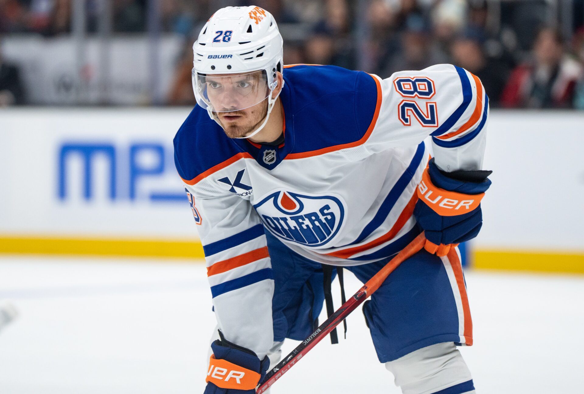 Edmonton Oilers forward Jack Roslovic (28) is pictured during a game against the Seattle Kraken at Climate Pledge Arena.
