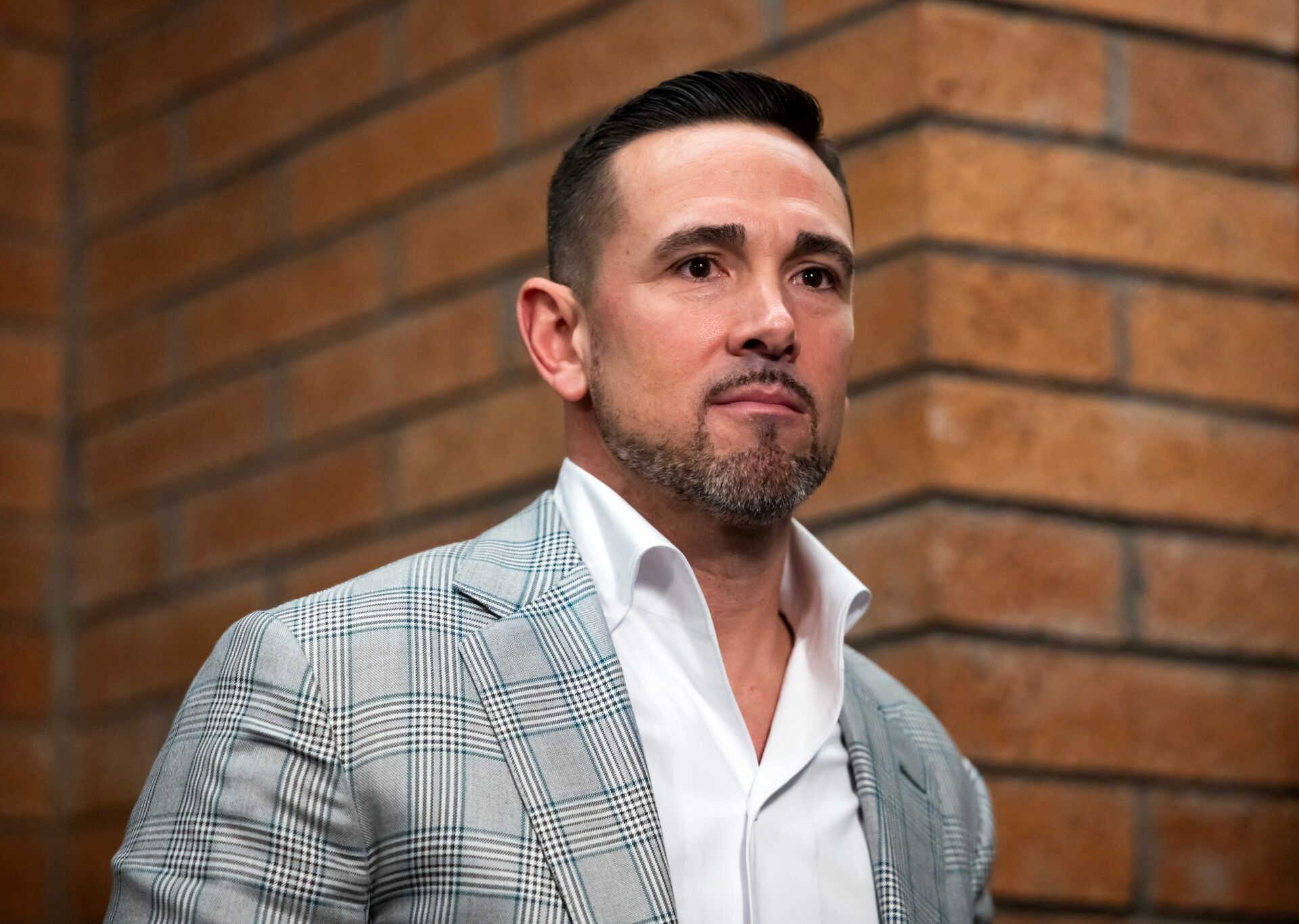 Green Bay Packers head coach Matt LaFleur in attendance of a press conference for his brother Arizona Cardinals head coach Mike LaFleur (not pictured) at the Cardinals training facility.