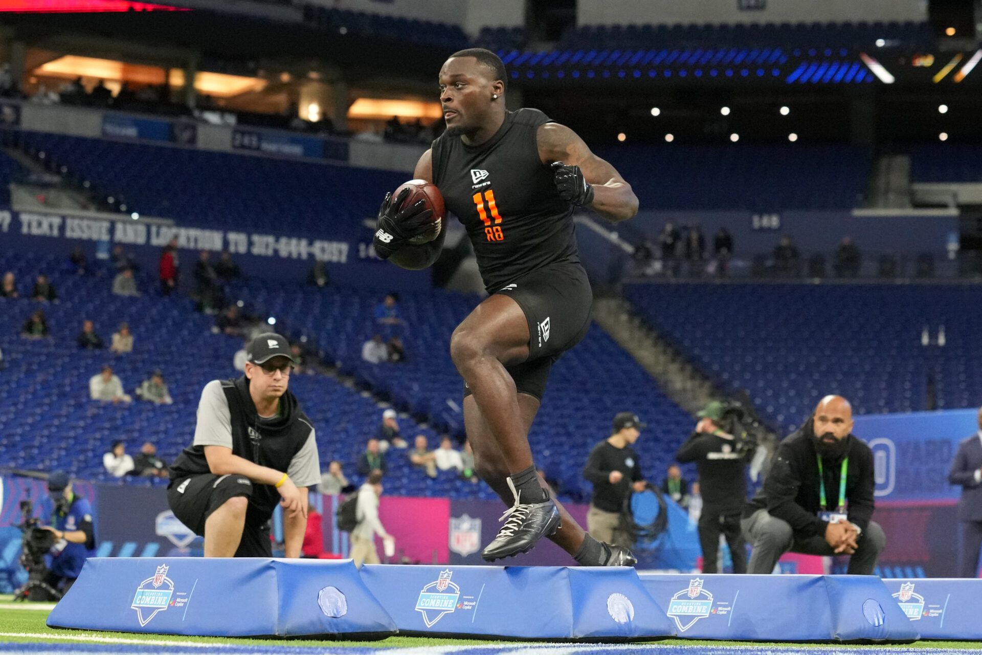 Notre Dame running back Jeremiyah Love (RB11) during the NFL Scouting Combine at Lucas Oil Stadium.
