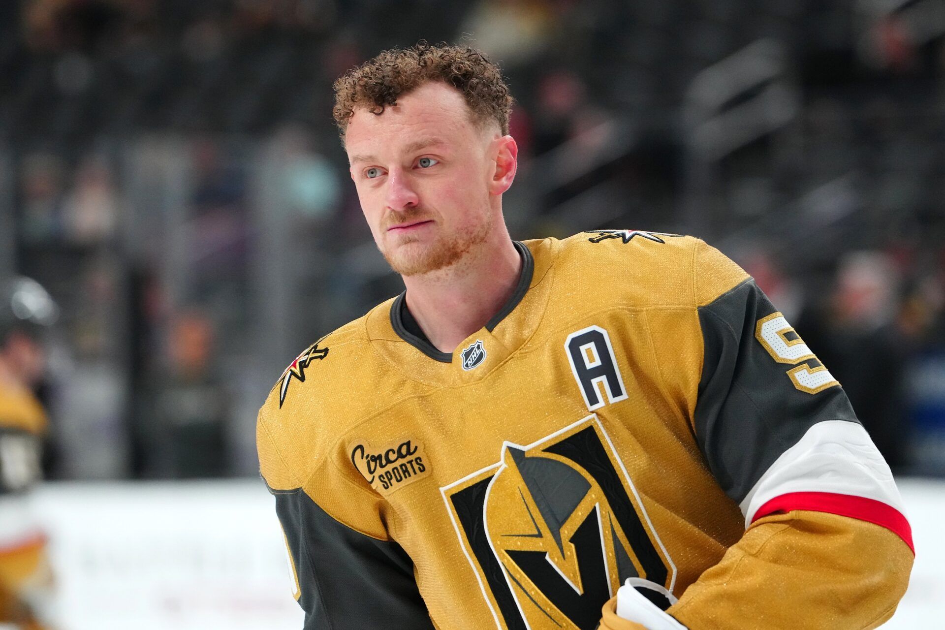 Vegas Golden Knights center Jack Eichel (9) warms up before a game against the Edmonton Oilers at T-Mobile Arena.