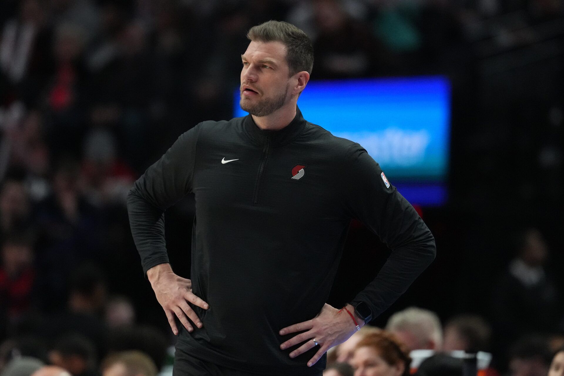 Portland Trail Blazers Interim Head Coach Tiago Splitter watches from the sideline during the second half against the Washington Wizards at Moda Center.