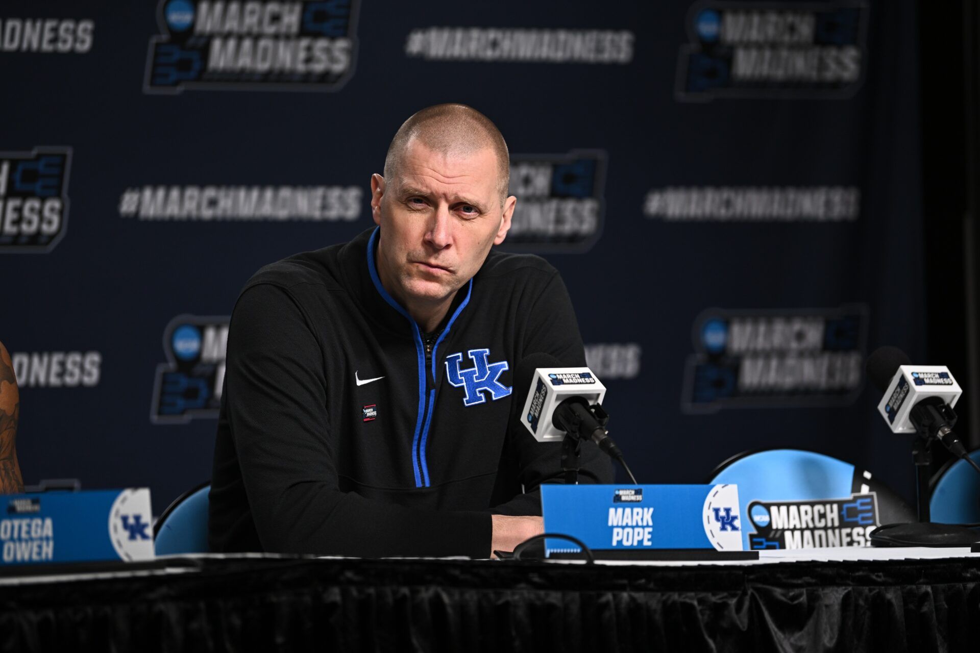 Kentucky Wildcats head coach Mark Pope speaks during the postgame press conference after the game against the Iowa State Cyclones during a second round game of the men's 2026 NCAA Tournament at Enterprise Center.