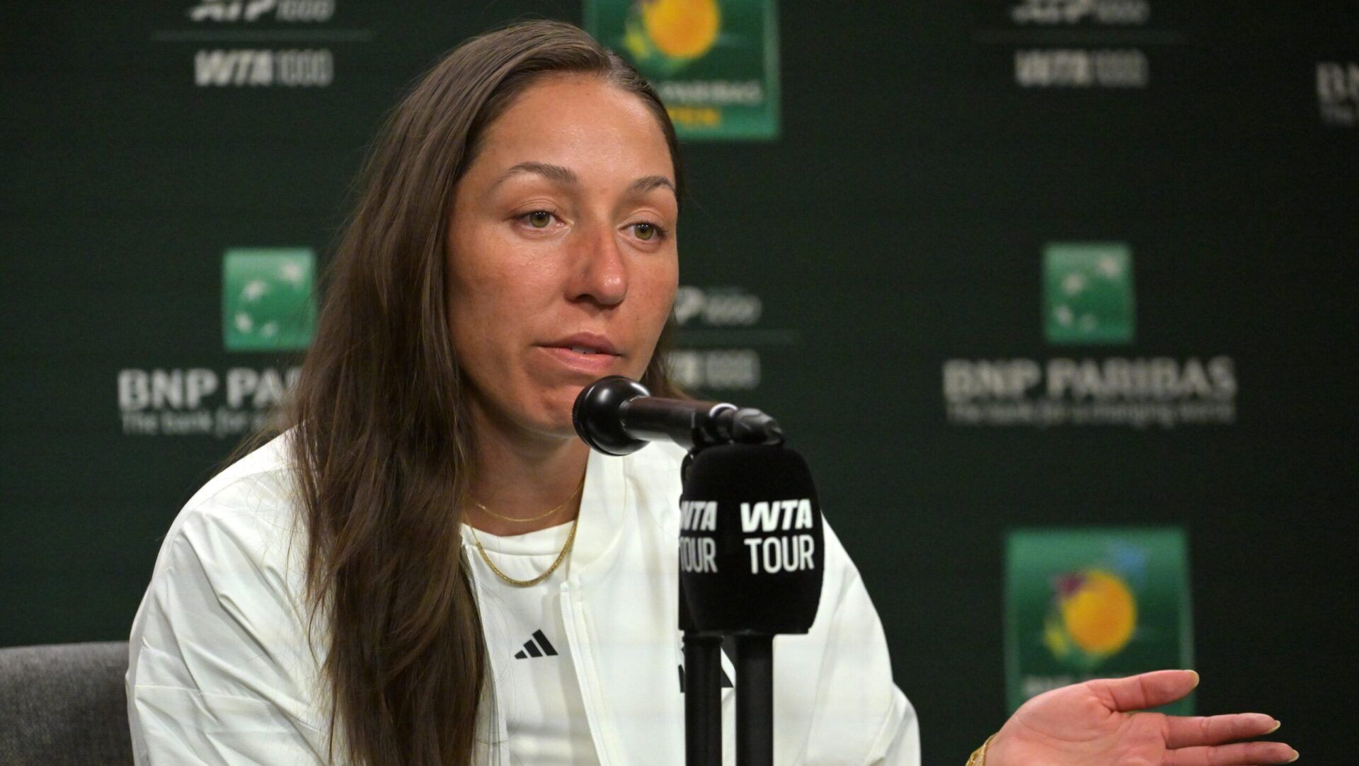 Jessica Pegula (USA) speaks to the media at a news conference during the BNP Paribas Open at the Indian Wells Tennis Garden.